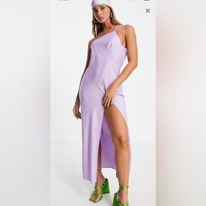 One shoulder midaxi dress in satin with drape back in lilac